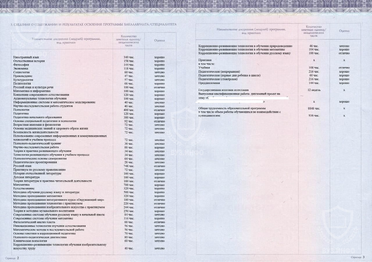 Предметы диплома специалиста ДВФУ по специальности Педагогика и методика начального образования (2017 г.)